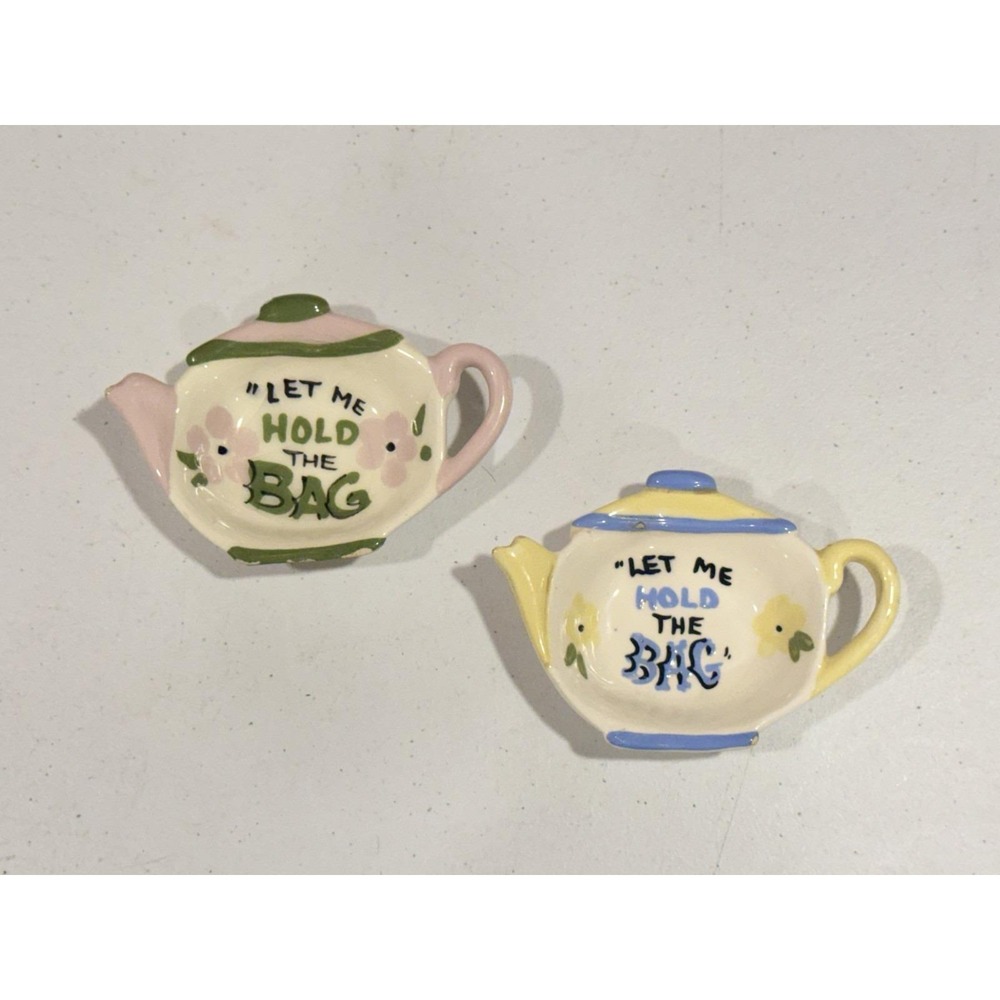 VTG Pair Of Tea Bag Holder Cleminsons California Pottery "Let Me Hold The Bag"
